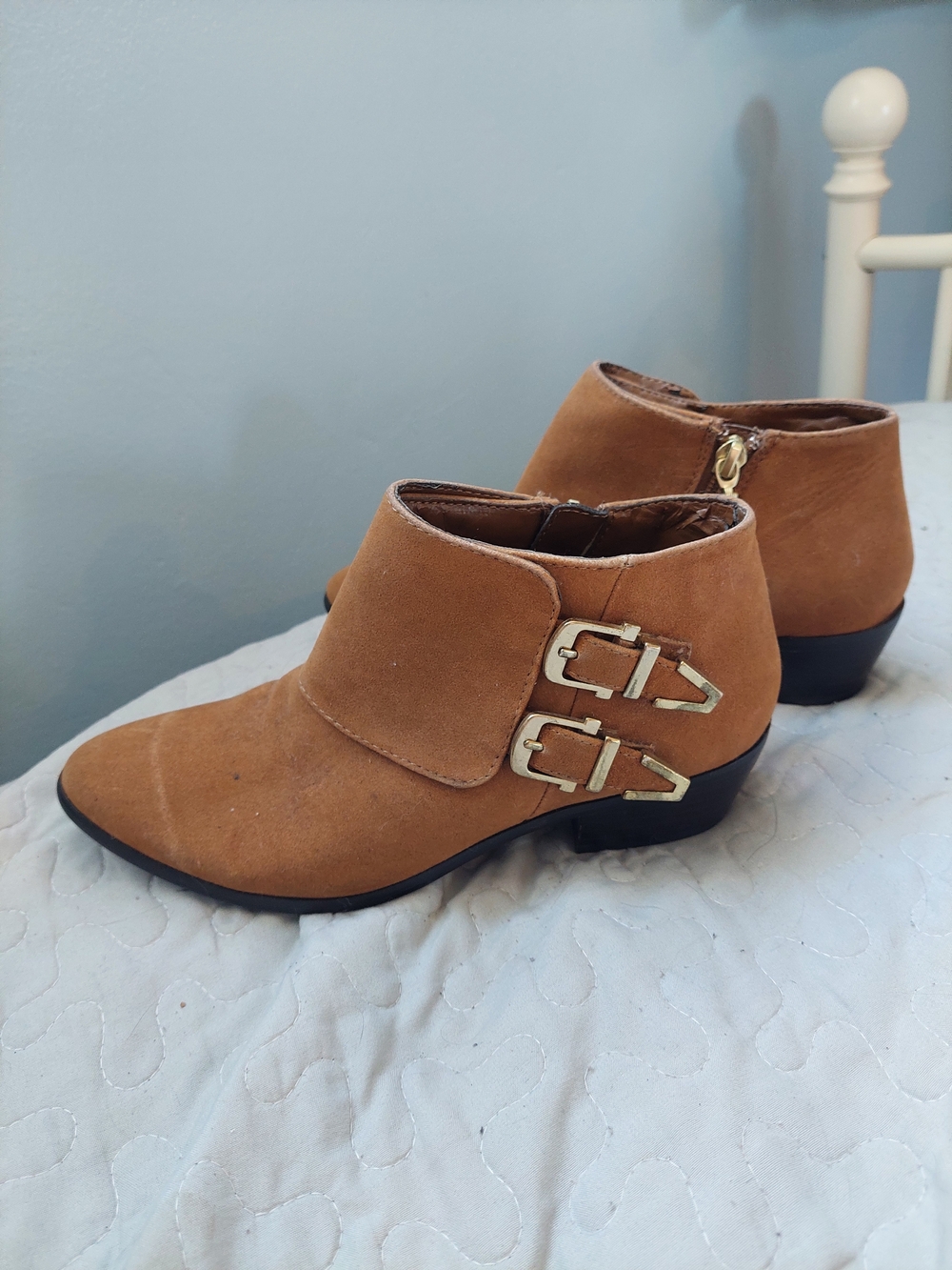 Expression Women's Suede Tan Ankle Boots with Gold Buckles